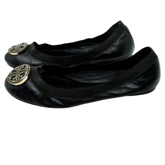 TORY BURCH~Caroline~BLACK LEATHER BALLET FLATS GOLD REVA LOGO SHOES  SZ 10 - Picture 3 of 7